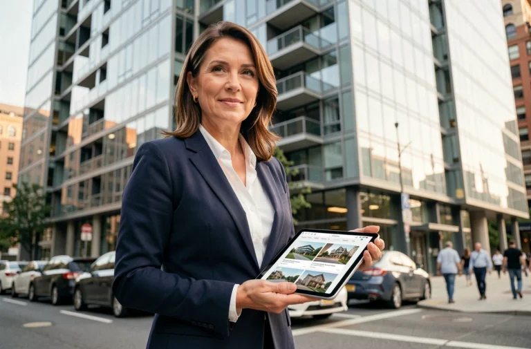 Agent immobilière professionnelle tenant une tablette avec des annonces devant un immeuble moderne en 2024