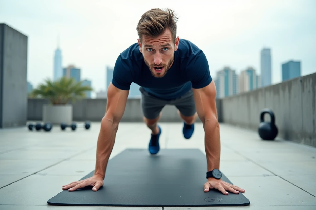 Homme effectuant un burpee sur un toit urbain, exercice cardio intense comme alternative à la corde à sauter