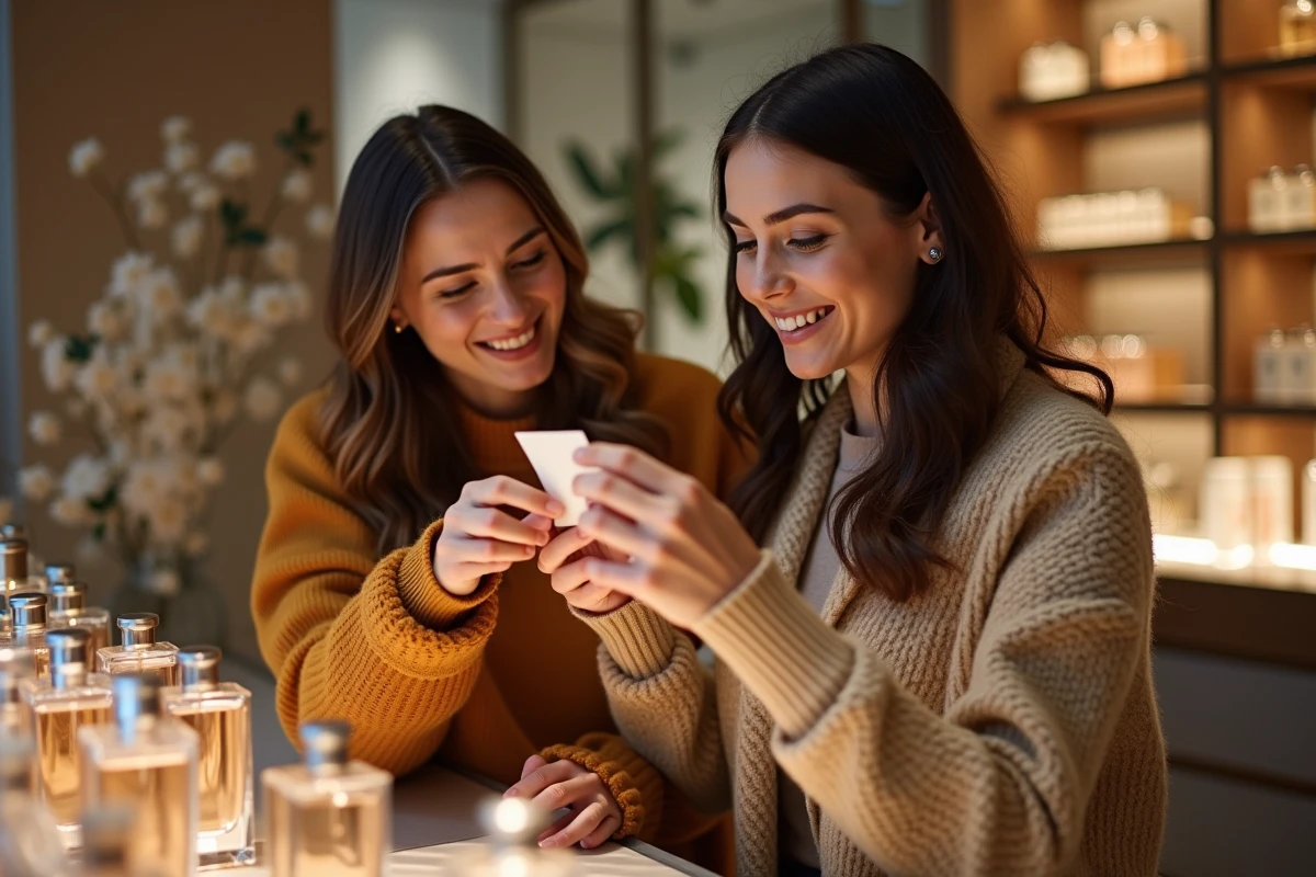 Deux amies testant des parfums dans une boutique