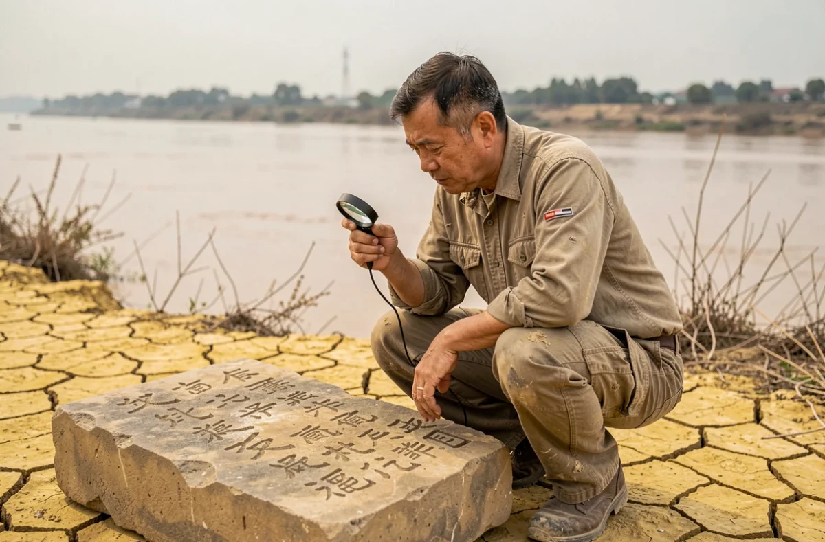 Archéologue examinant une inscription ancienne sur les rives du fleuve Huang He en Chine, avec la rivière jaune en arrière-plan