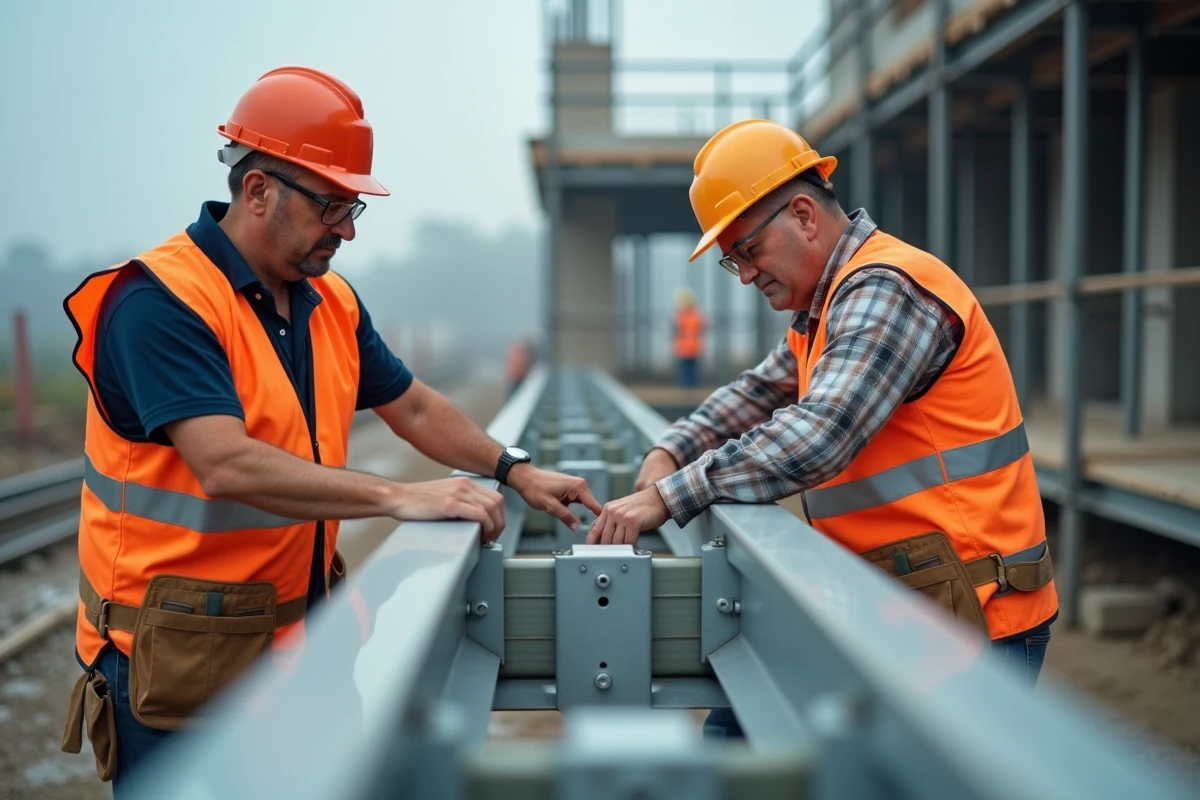 Ouvriers assemblant une ossature en tubes rectangulaires aluminium sur un chantier de construction