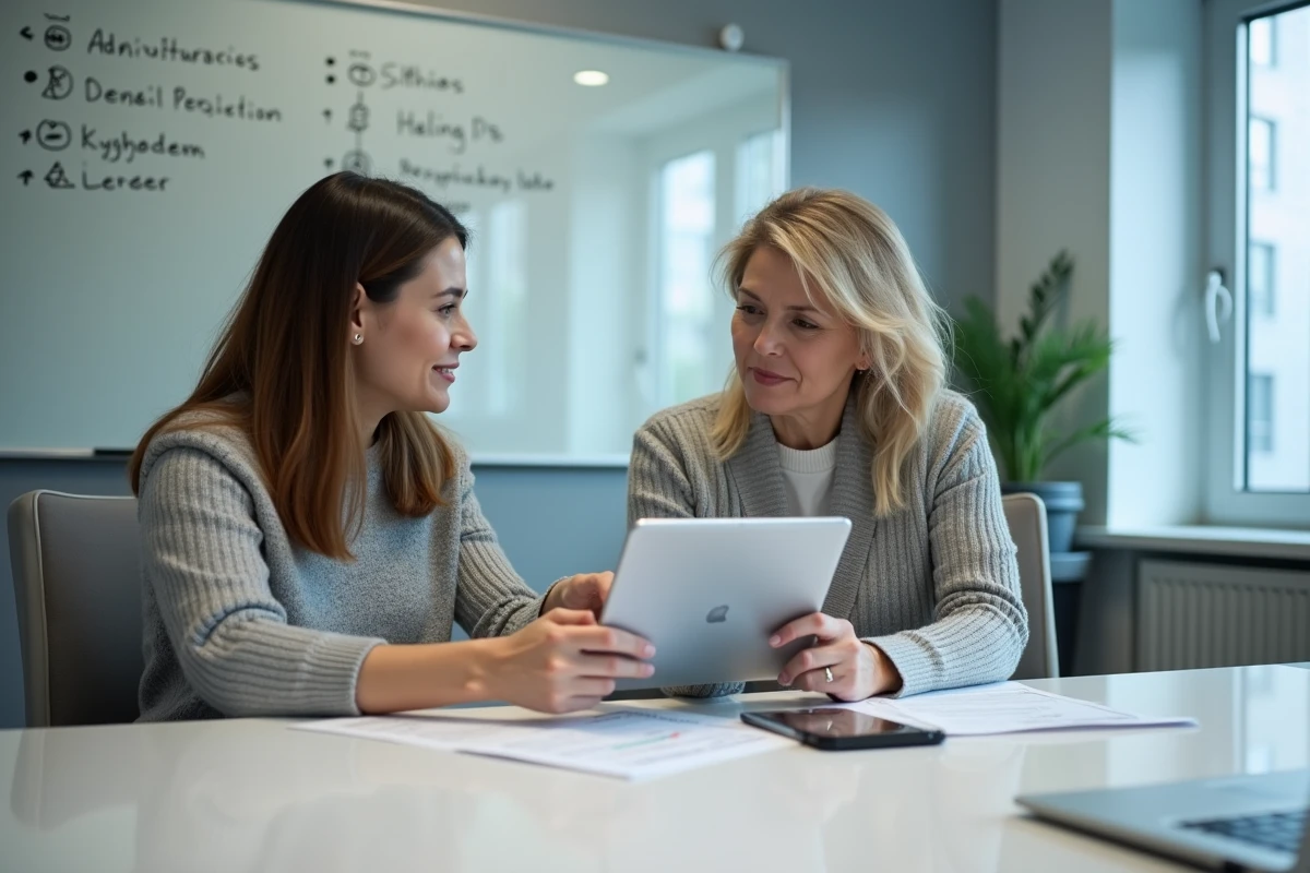 Deux professionnelles de l'éducation nationale collaborant sur la gestion du personnel via Arena Académie Amiens lors d'une réunion administrative