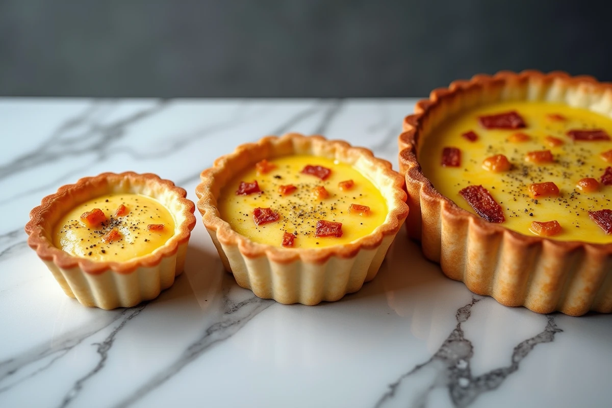 Trois quiches lorraines de tailles différentes côte à côte sur marbre pour illustrer l'adaptation de la recette au moule