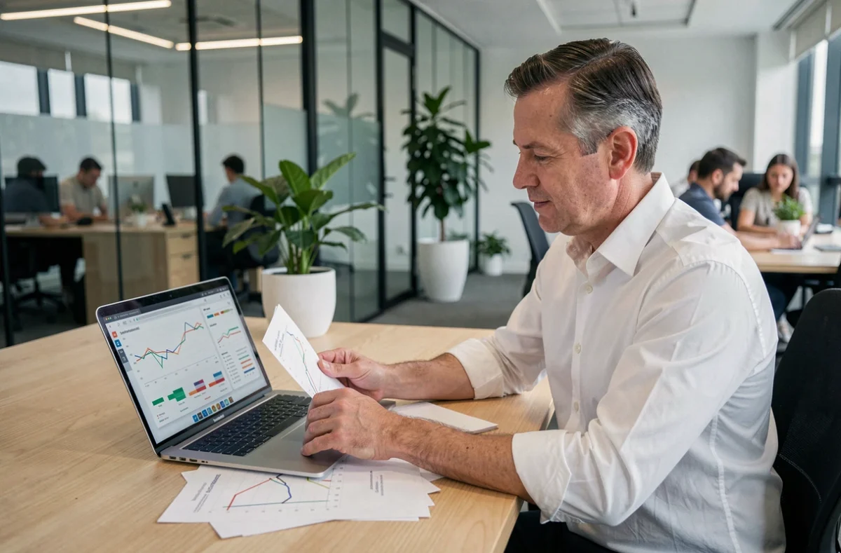 Conseiller immobilier analysant des tendances du marché immobilier 2024 dans un bureau moderne