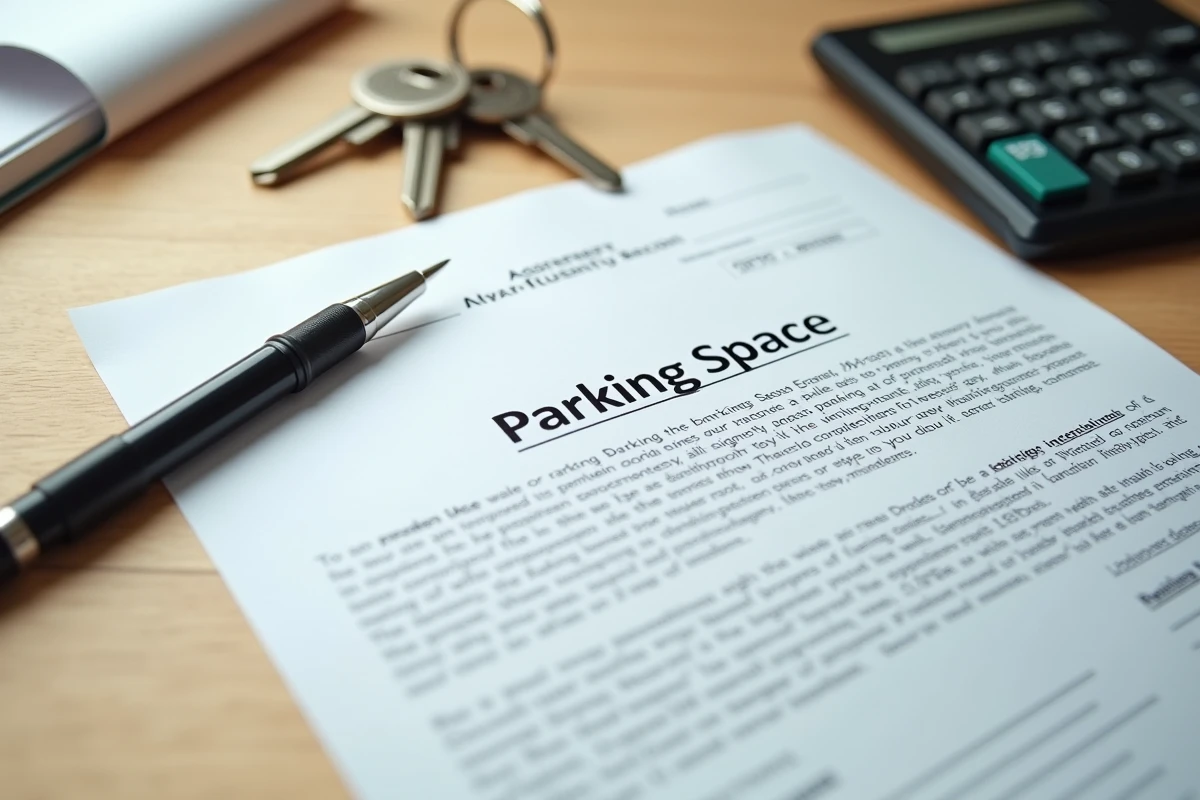 Contrat de vente de place de parking en copropriété avec clés et calculatrice sur bureau en bois