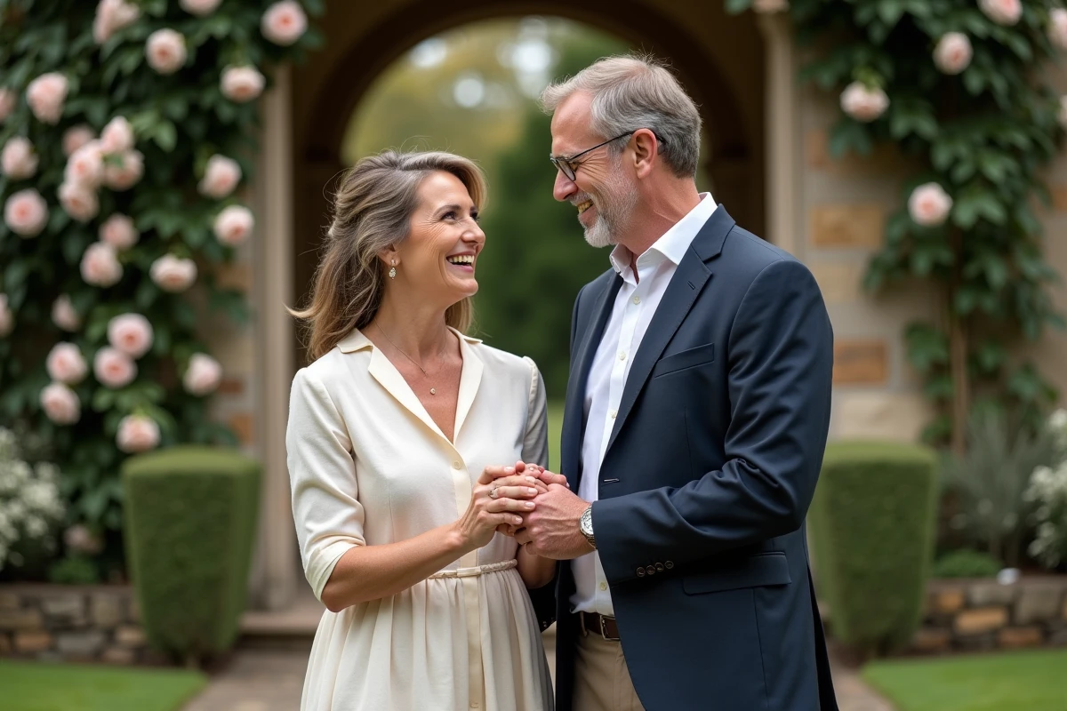Couple élégant devant un domaine européen classique avec arche en pierre et roses grimpantes, illustrant le mariage et la vie de famille raffinée