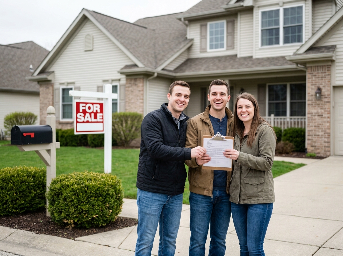 Jeune couple discutant devant une maison à vendre dans un jardin