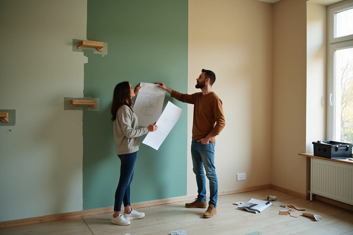 Couple discutant des plans de rénovation devant des murs partiellement repeints dans un salon en travaux