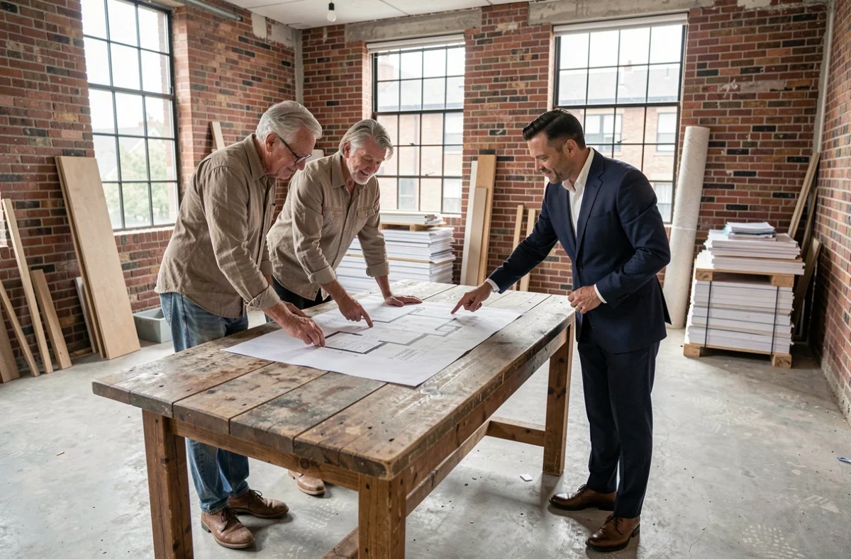 Couple et agent immobilier examinant des plans architecturaux dans un appartement en rénovation