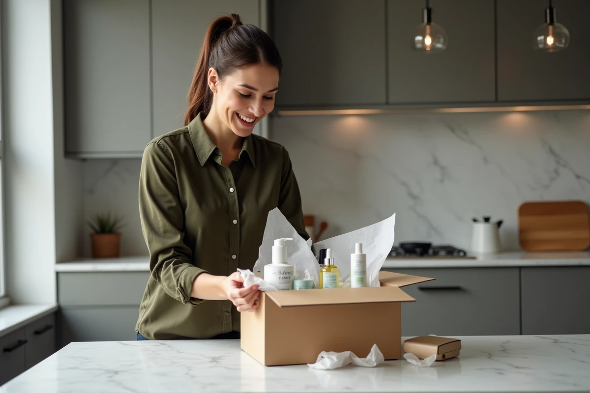 Femme déballant une box beauté livrée à domicile avec des produits de soin et cosmétiques sur un comptoir en marbre dans une cuisine moderne