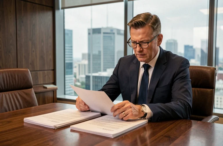 Directeur des ressources humaines analysant des documents juridiques relatifs aux usages d'entreprise en droit du travail dans une salle de conférence moderne