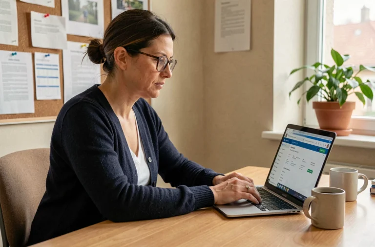 Enseignante connectée à la messagerie Convergence de l'Académie de Toulouse sur un ordinateur portable dans une salle des professeurs