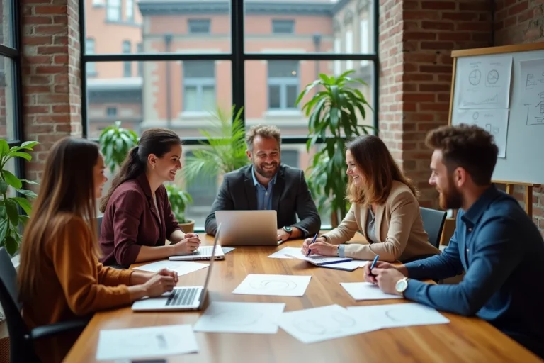 Groupe d'entrepreneurs collaborant autour d'une table dans un espace de coworking moderne, illustrant le sens communautaire des PME