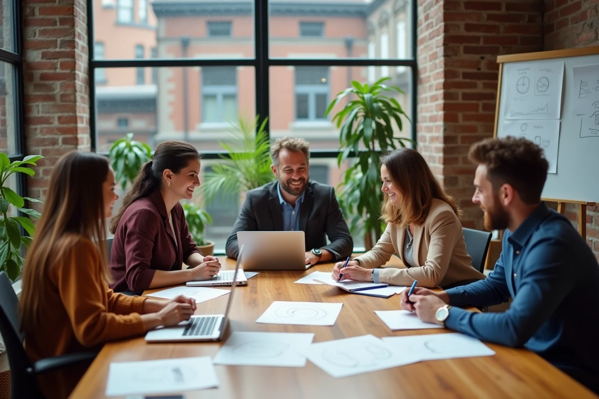 Groupe d'entrepreneurs collaborant autour d'une table dans un espace de coworking moderne, illustrant le sens communautaire des PME