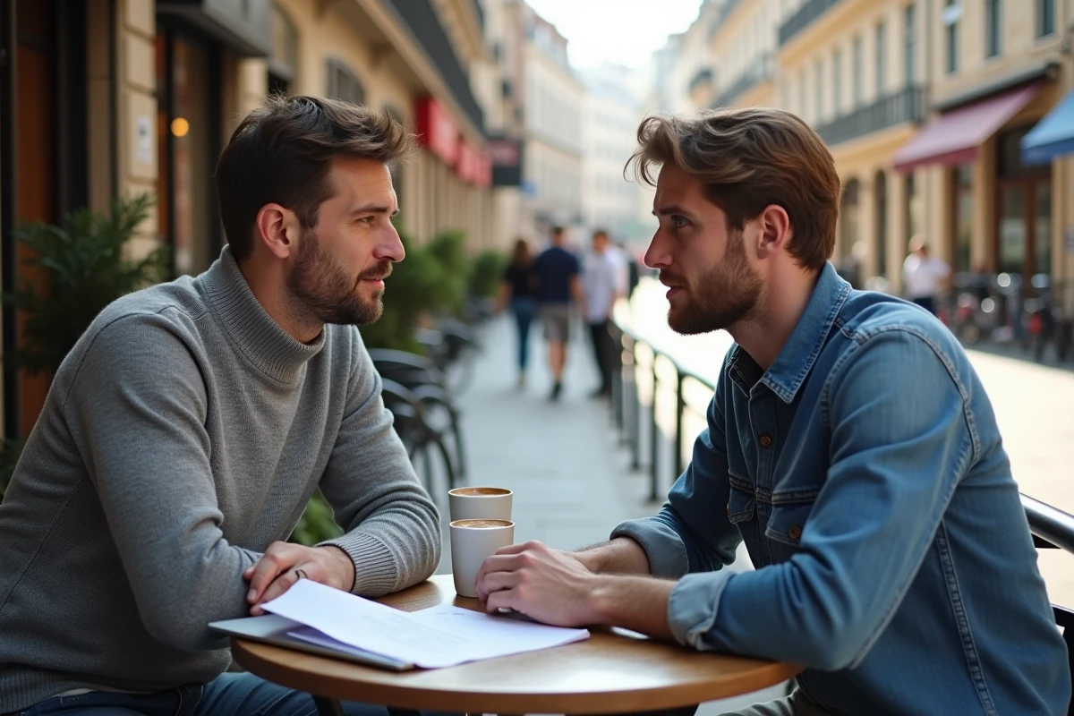 Deux entrepreneurs en réunion informelle en terrasse de café, consultant un plan d'affaires pour leur PME
