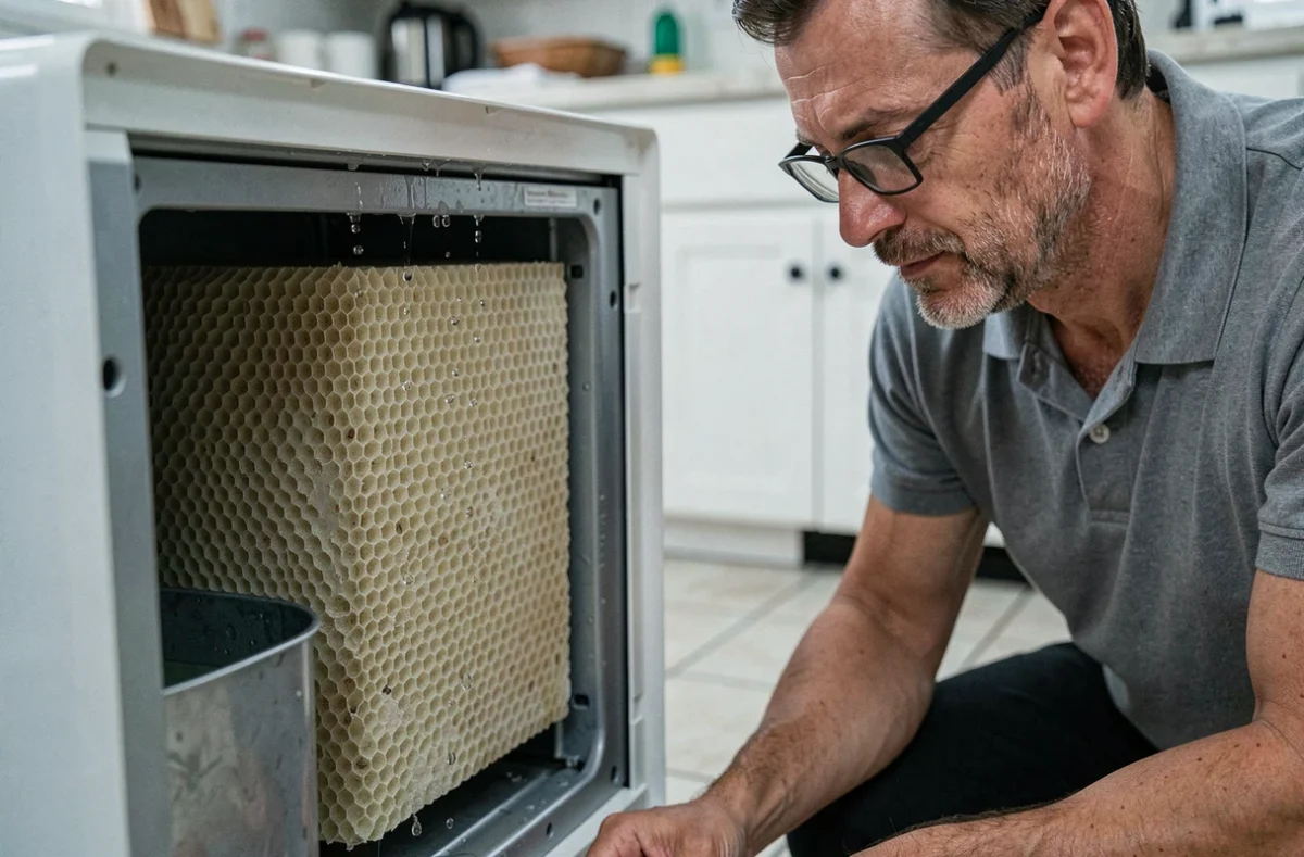 Gros plan sur le filtre à évaporation d'un rafraîchisseur d'air avec un homme qui effectue l'entretien