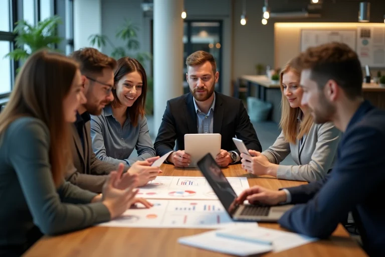 Groupe de professionnels en réunion de marketing digital
