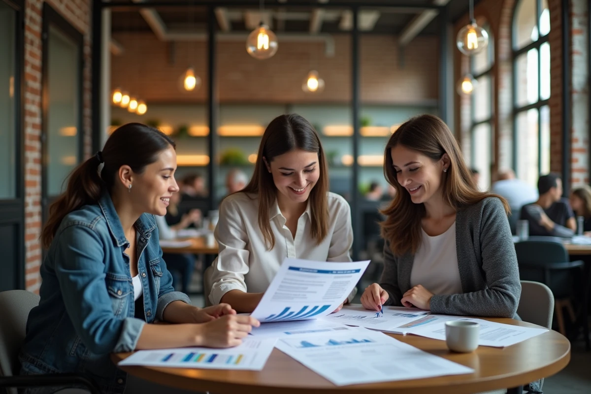Équipe professionnelle en réunion discutant d'une stratégie d'externalisation web et de rédaction optimisée dans un espace de co-working