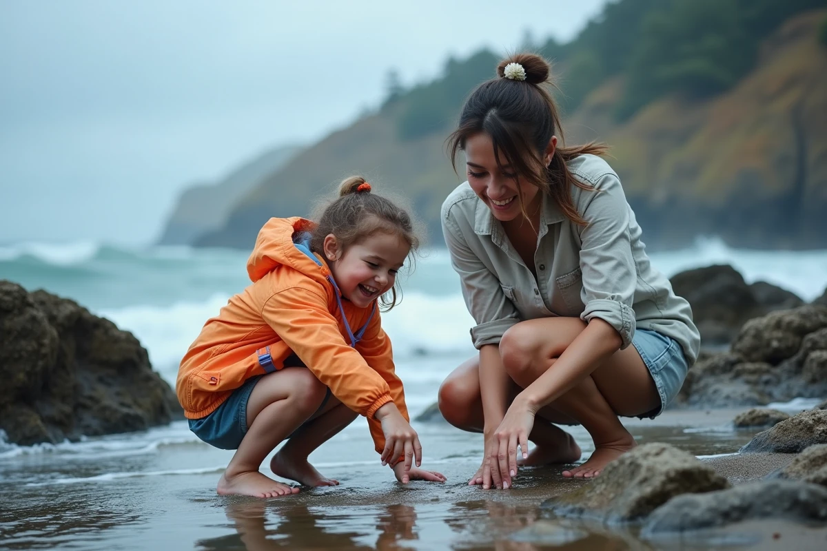 Mère et jeune fille explorant des mares rocheuses sur une côte atlantique sauvage lors d'une aventure familiale au bord de la mer