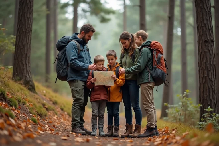 Famille avec deux adolescents consultant une carte papier au bord d'un sentier forestier en automne, équipés de vêtements de randonnée