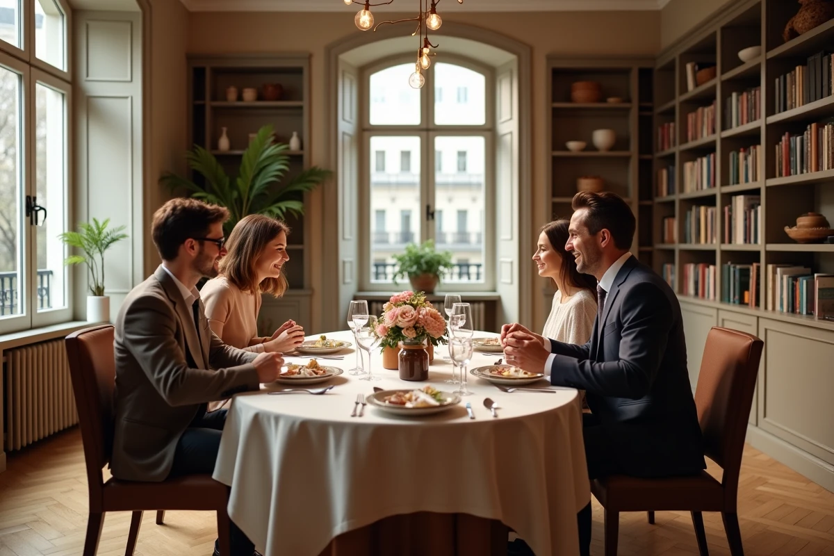 Famille réunie autour d'une table de repas festif dans un appartement parisien haussmannien, symbolisant les liens familiaux et les traditions de mariage