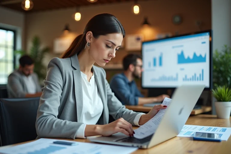 Femme professionnelle analysant des rapports de performance web dans un bureau moderne pour optimiser l'externalisation digitale