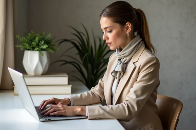 Femme élégante au bureau moderne avec ordinateur