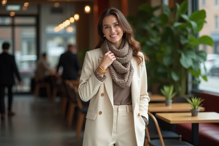 Femme élégante en blazer crème dans un café urbain