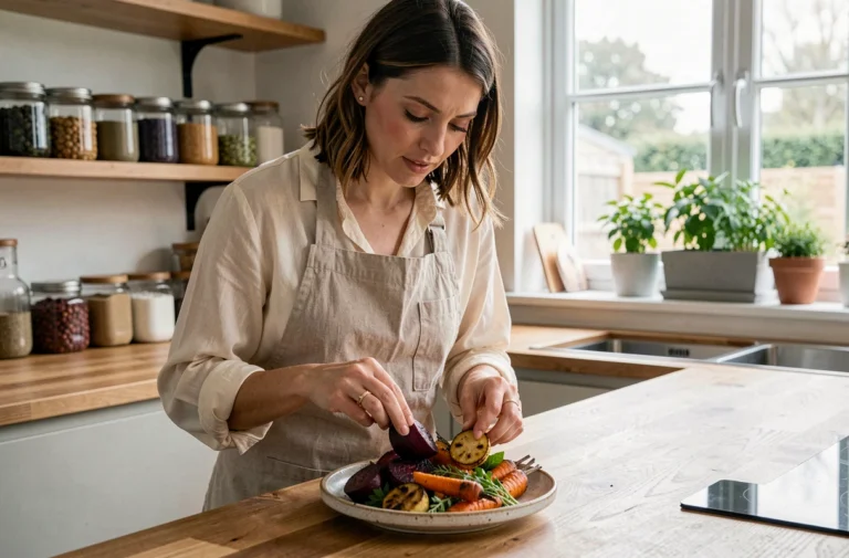 Femme préparant une assiette de légumes rôtis colorés dans une cuisine moderne en bois, illustrant la cuisine végétale maison