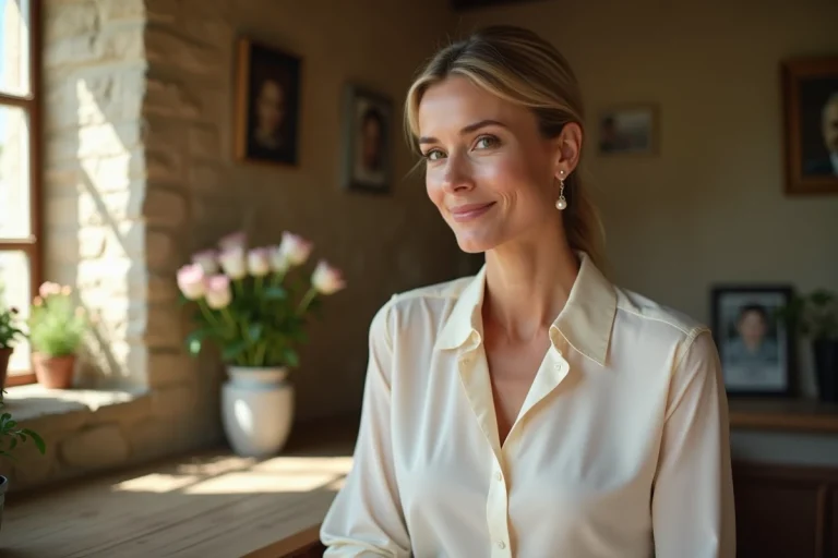Femme élégante dans une cuisine de campagne française entourée de photos de famille, évoquant l'intimité du mariage et de la vie familiale