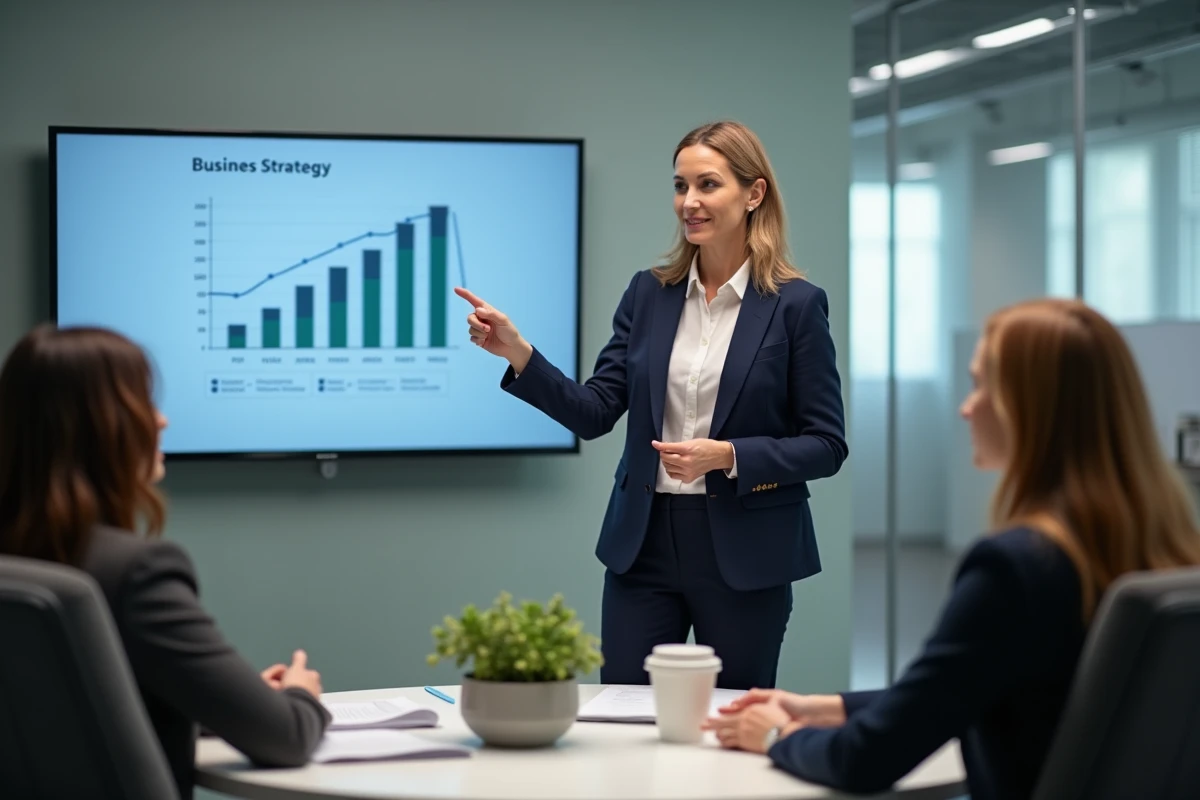 Femme entrepreneur présentant une stratégie de croissance à son équipe dans une salle de réunion vitrée