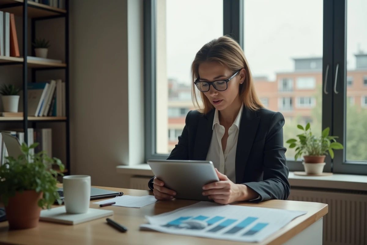 Femme entrepreneure analysant des indicateurs sur une tablette