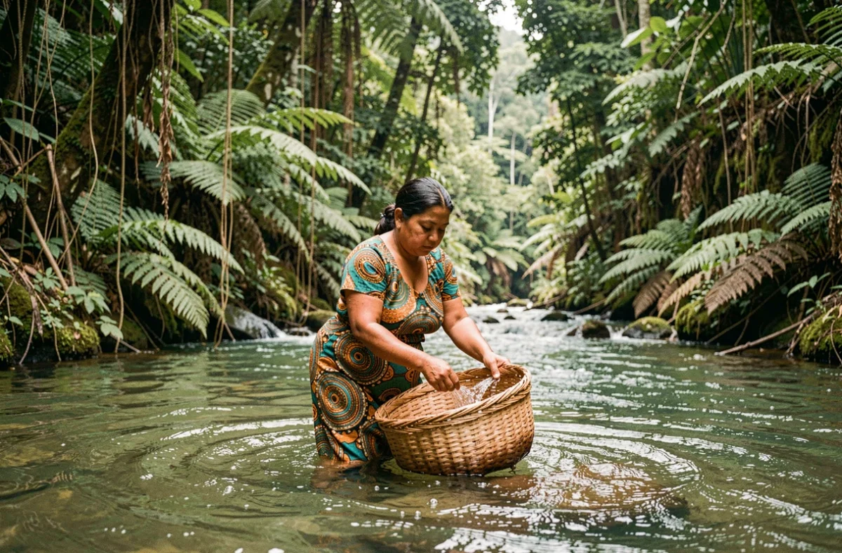 Femme locale lavant un panier tressé dans le fleuve Huallaga au Pérou, entourée de la forêt amazonienne dense