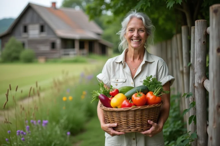 Femme récoltant des légumes dans un jardin en plein air