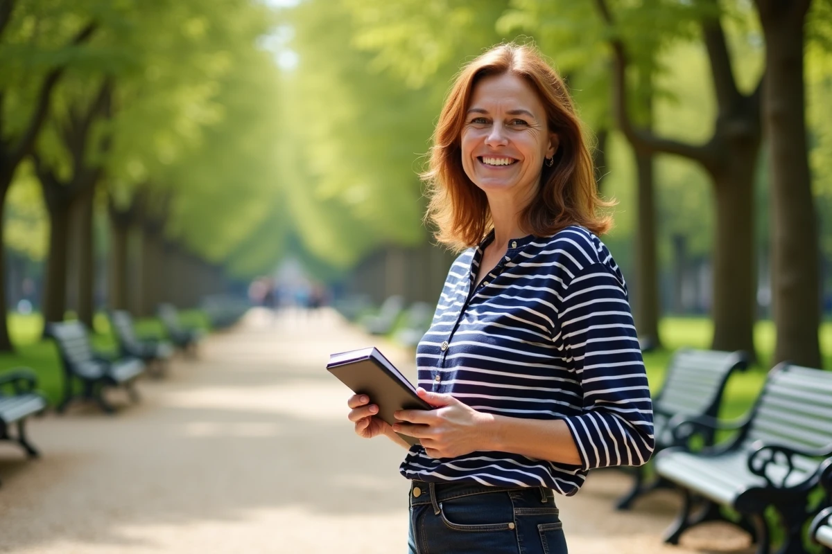 Femme souriante dans un jardin parisien tenant un carnet, évoquant confidence et vie personnelle d'une personnalité publique