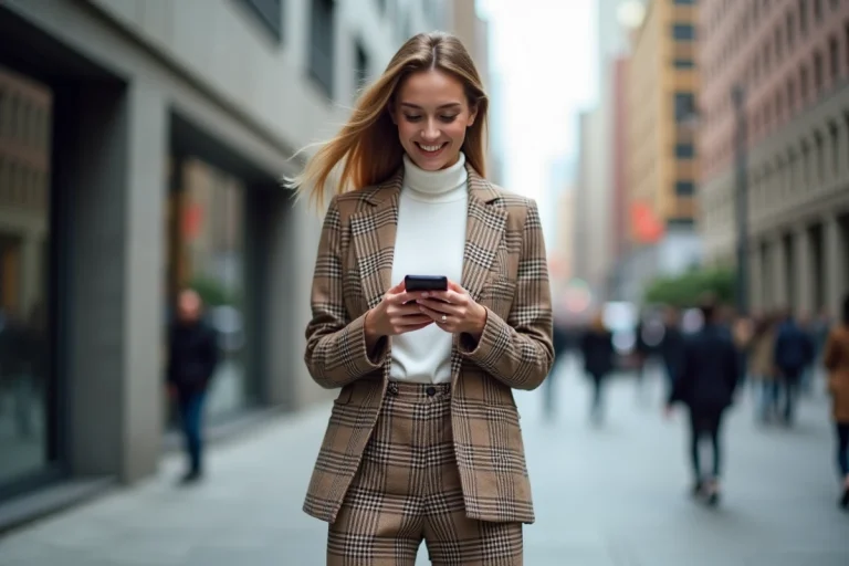 Femme élégante en ville avec blazer à carreaux