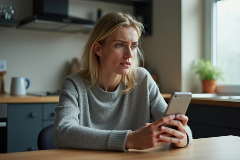 Femme scrutant un numéro de téléphone international inconnu sur son smartphone avec une expression prudente
