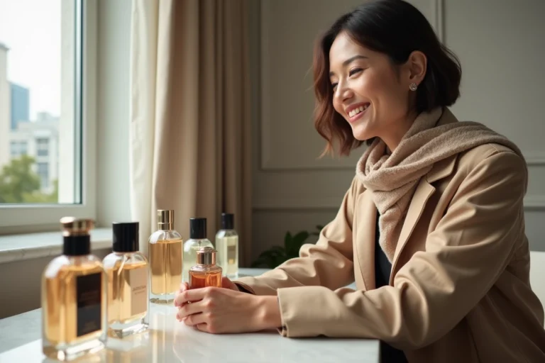 Femme élégante avec trench et parfums dans un appartement