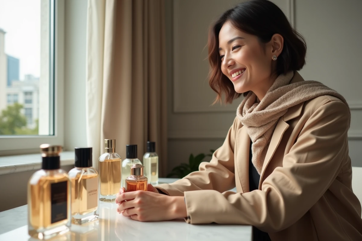 Femme élégante avec trench et parfums dans un appartement