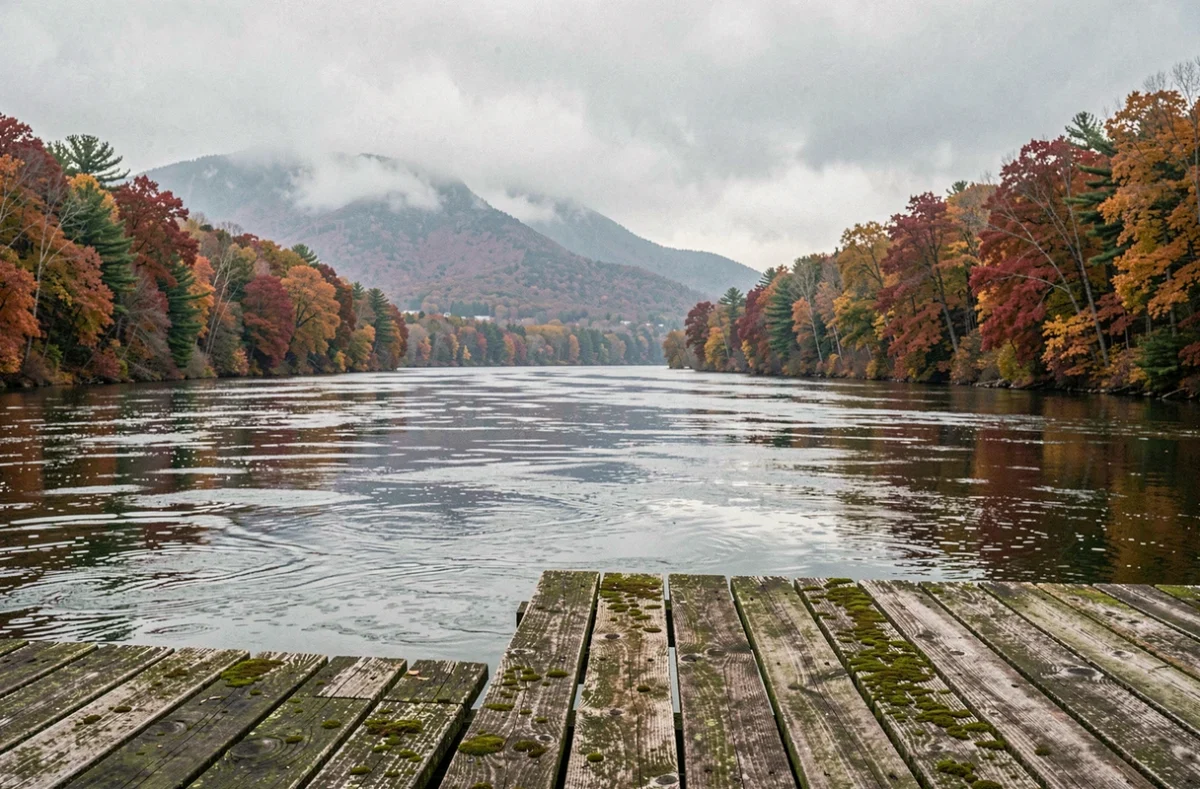 Vue panoramique du fleuve Hudson en automne avec les montagnes Catskill en arrière-plan et un dock en bois au premier plan