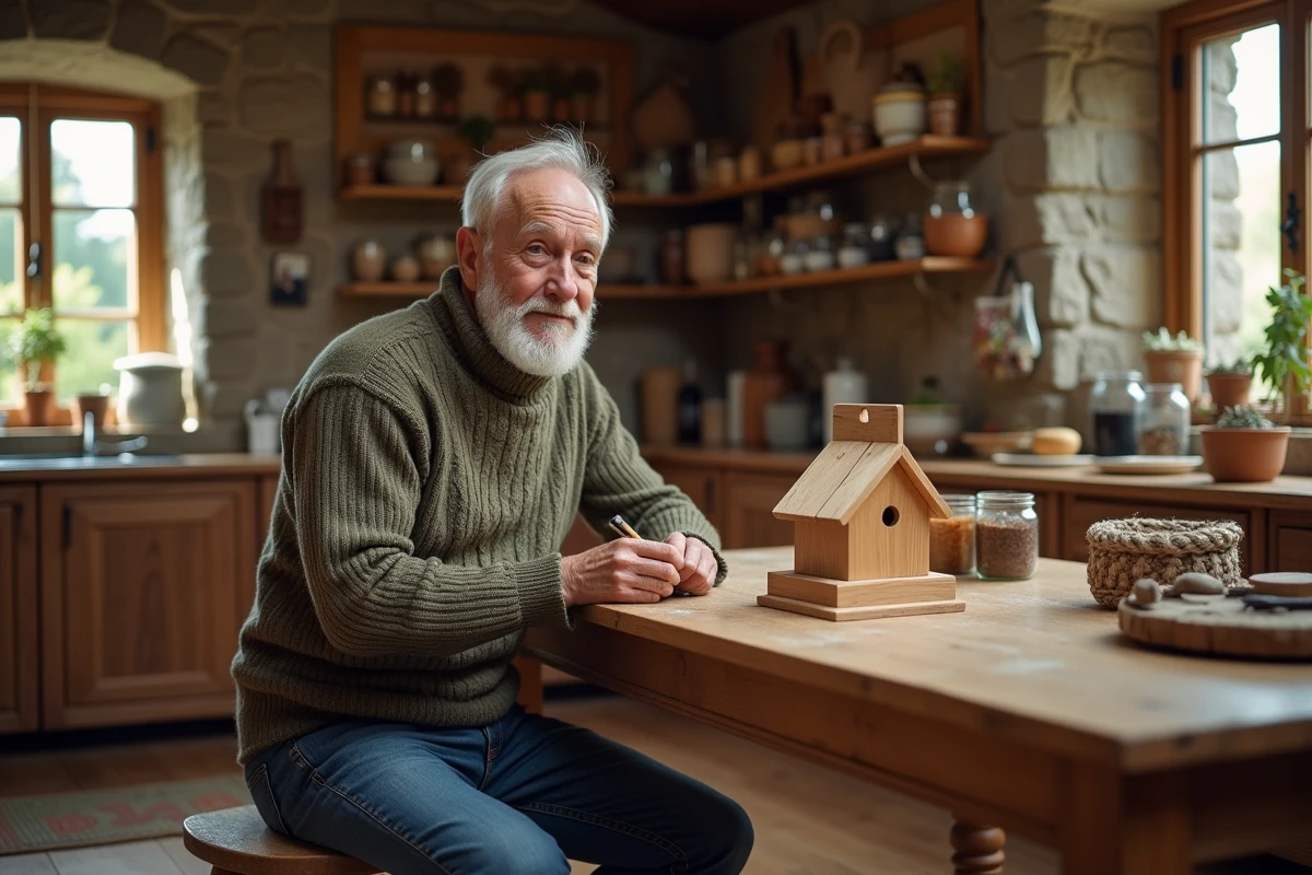 Homme âgé fabriquant une cabane à oiseaux en bois dans la cuisine
