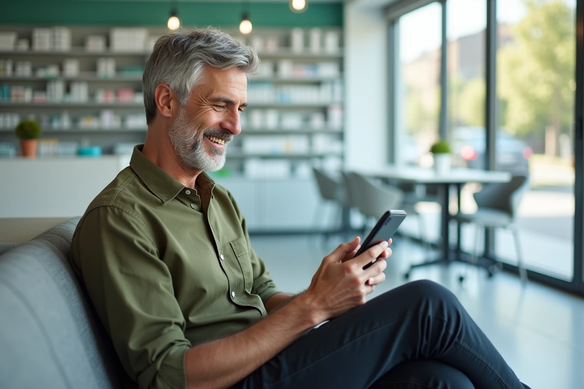 Un homme consulte les avantages de sa mutuelle santé sur son smartphone dans une pharmacie