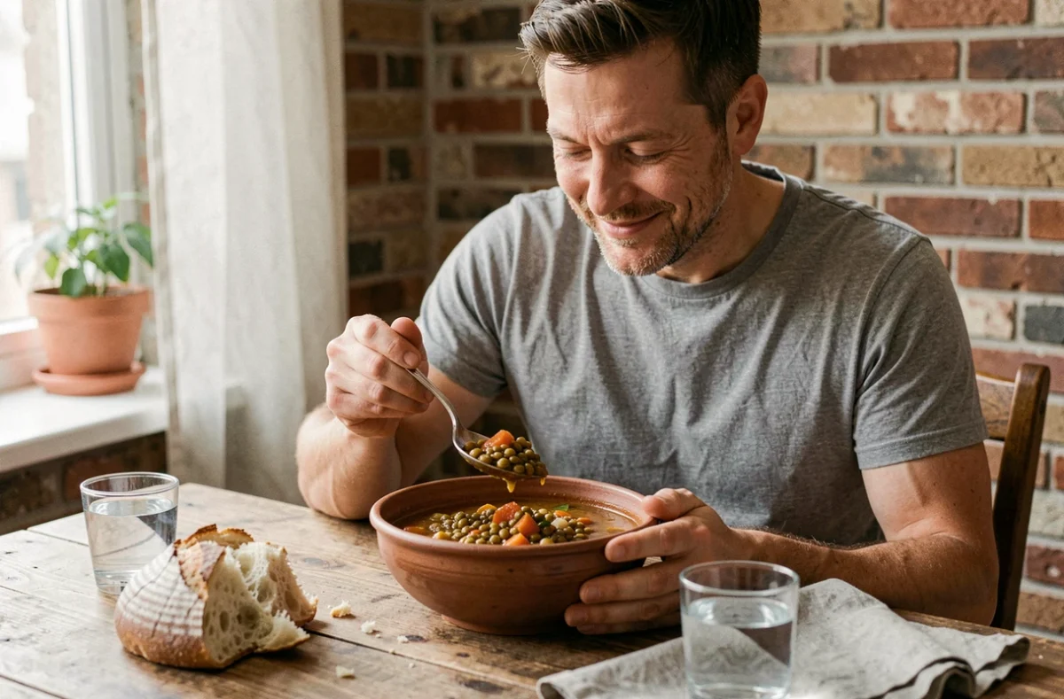 Homme dégustant un ragoût de lentilles et légumes dans un bol en céramique artisanale, repas végétalien fait maison dans un appartement cosy