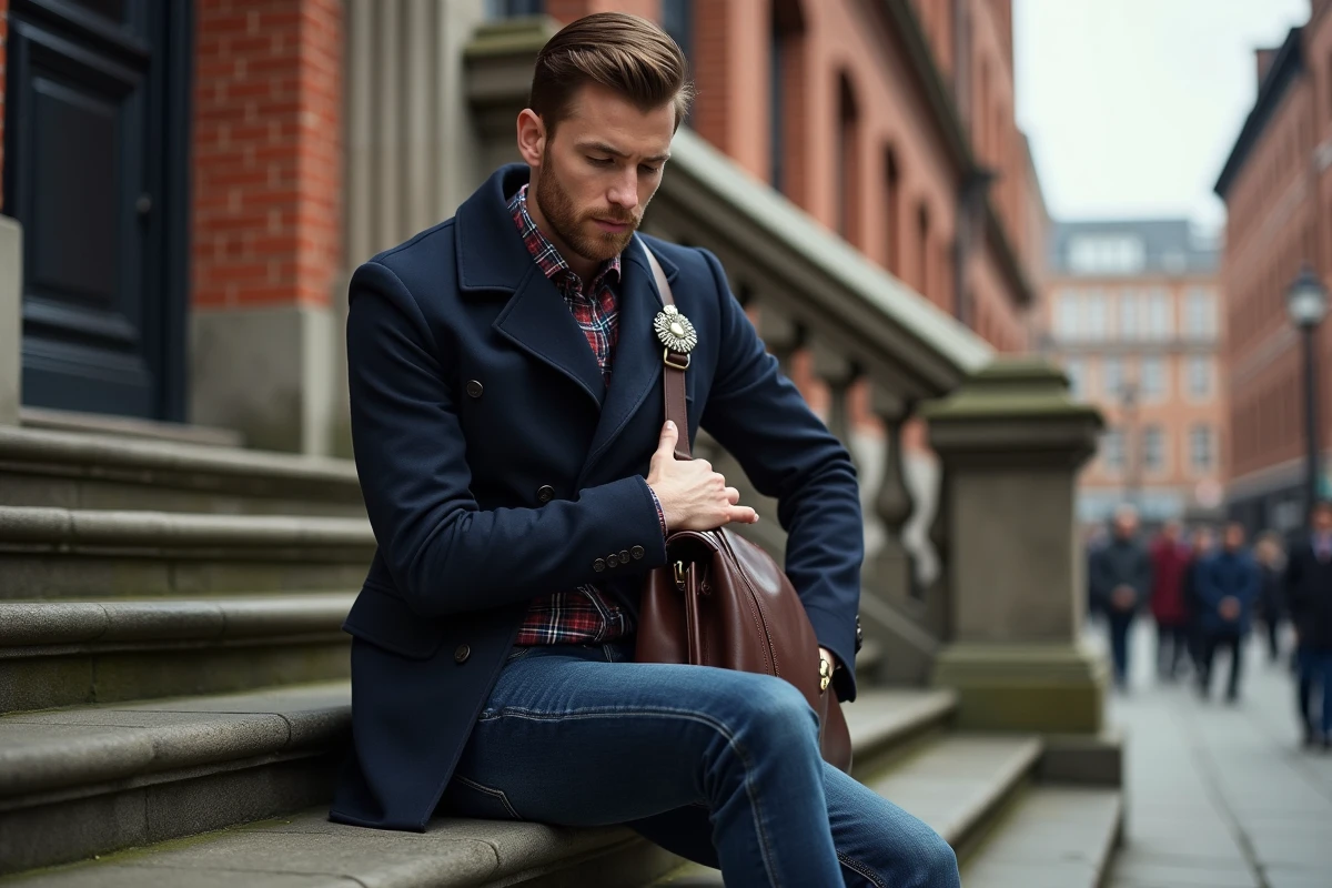 Jeune homme en manteau navy sur une marche de pierre