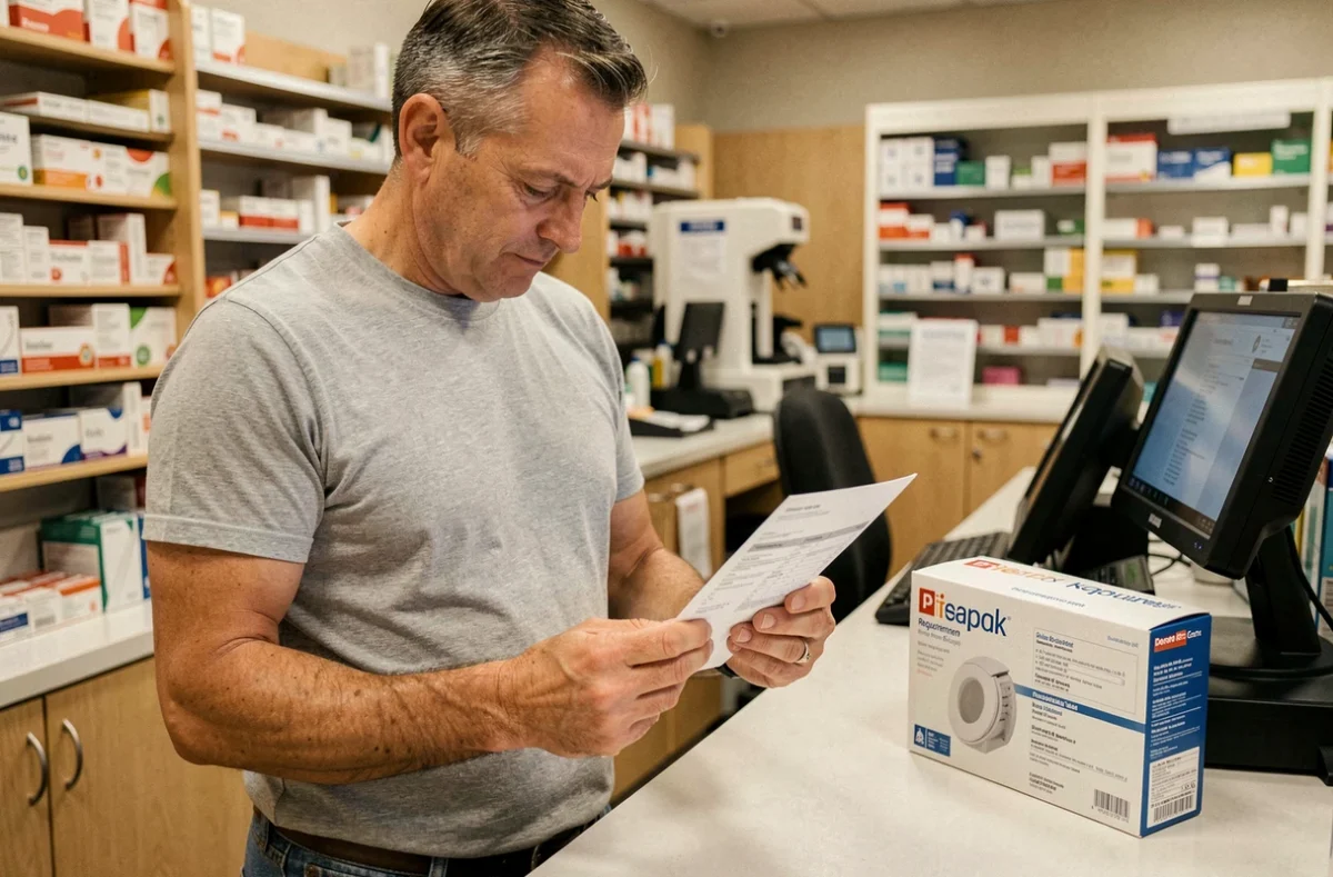 Un homme examine une ordonnance et un reçu de remboursement pour un rehausseur de WC au comptoir d'une pharmacie