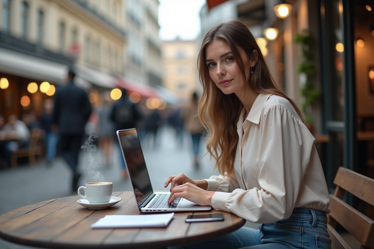 Jeune femme entrepreneure travaillant dans un cafe en ville