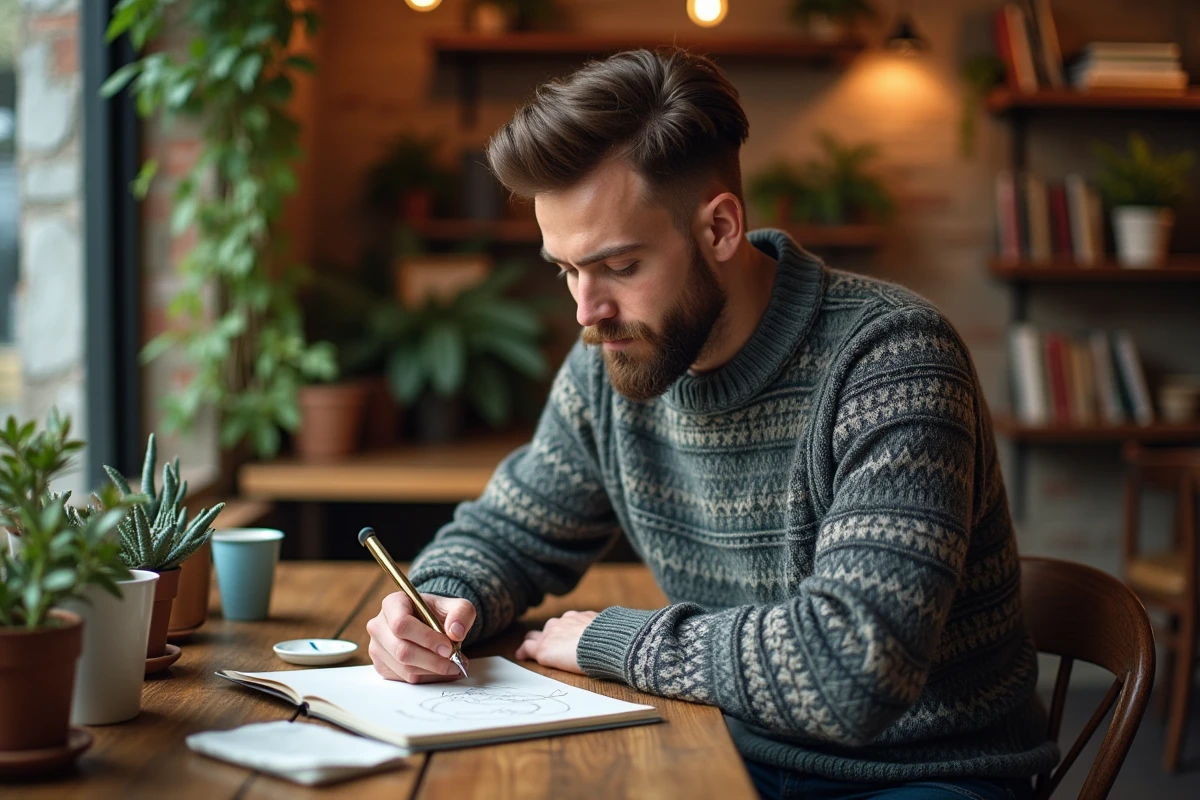 Jeune homme sketchant dans un café cosy