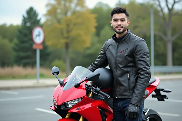 Jeune homme en équipement moto avec casque à côté d'une Honda CBR 600 RR