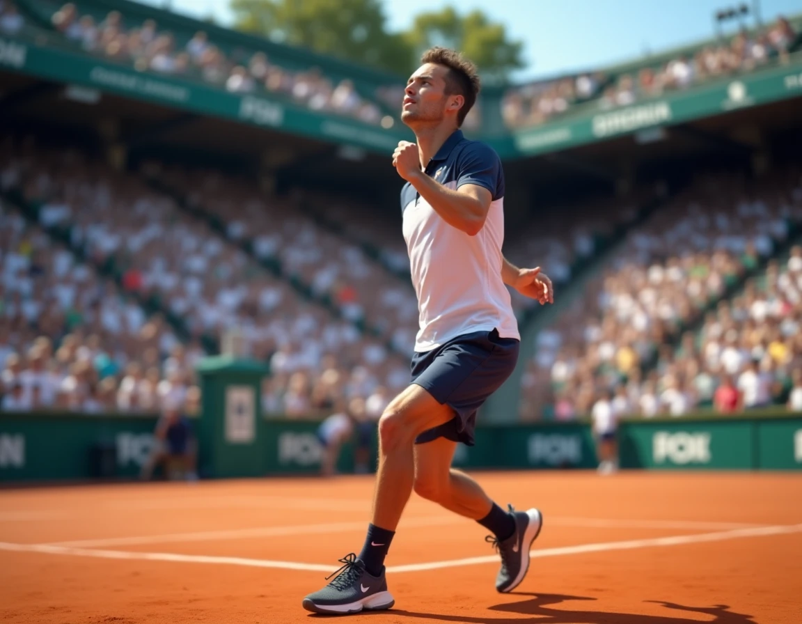 Joueur de tennis professionnel au service lors d'un tournoi ATP 1000 sur terre battue devant un stade comble
