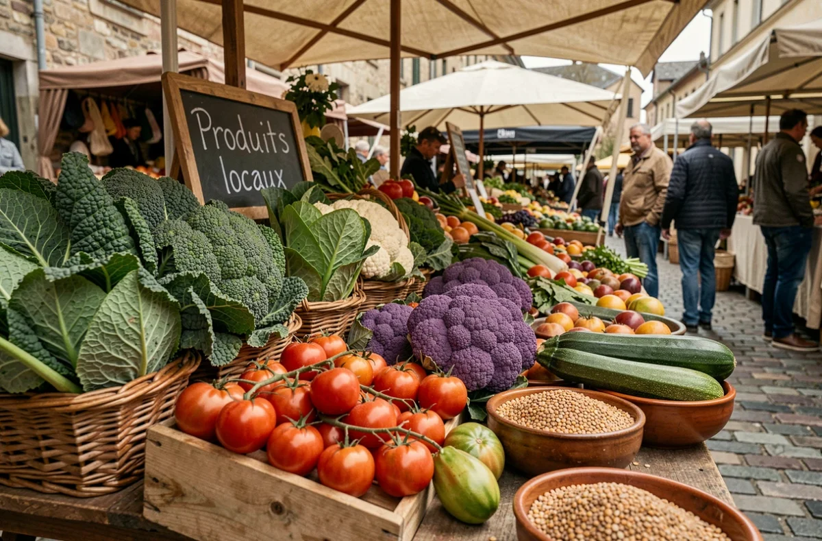 Étal de marché fermier abondant en légumes et fruits frais de saison pour une alimentation végétale locale et colorée